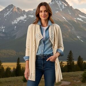 Chico's - wool, size 0,‎ Cream Open-Front Cardigan